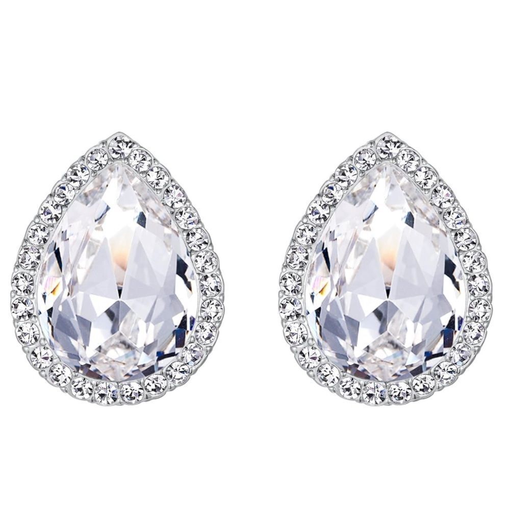 Silver with White Diamond Austrian Crystal Teardrop Stud Post Back Earrings